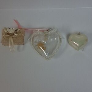 3 Vintage Heart Ornaments Iridescent Clear Beaded Gift Box Wedding Shabby Chic